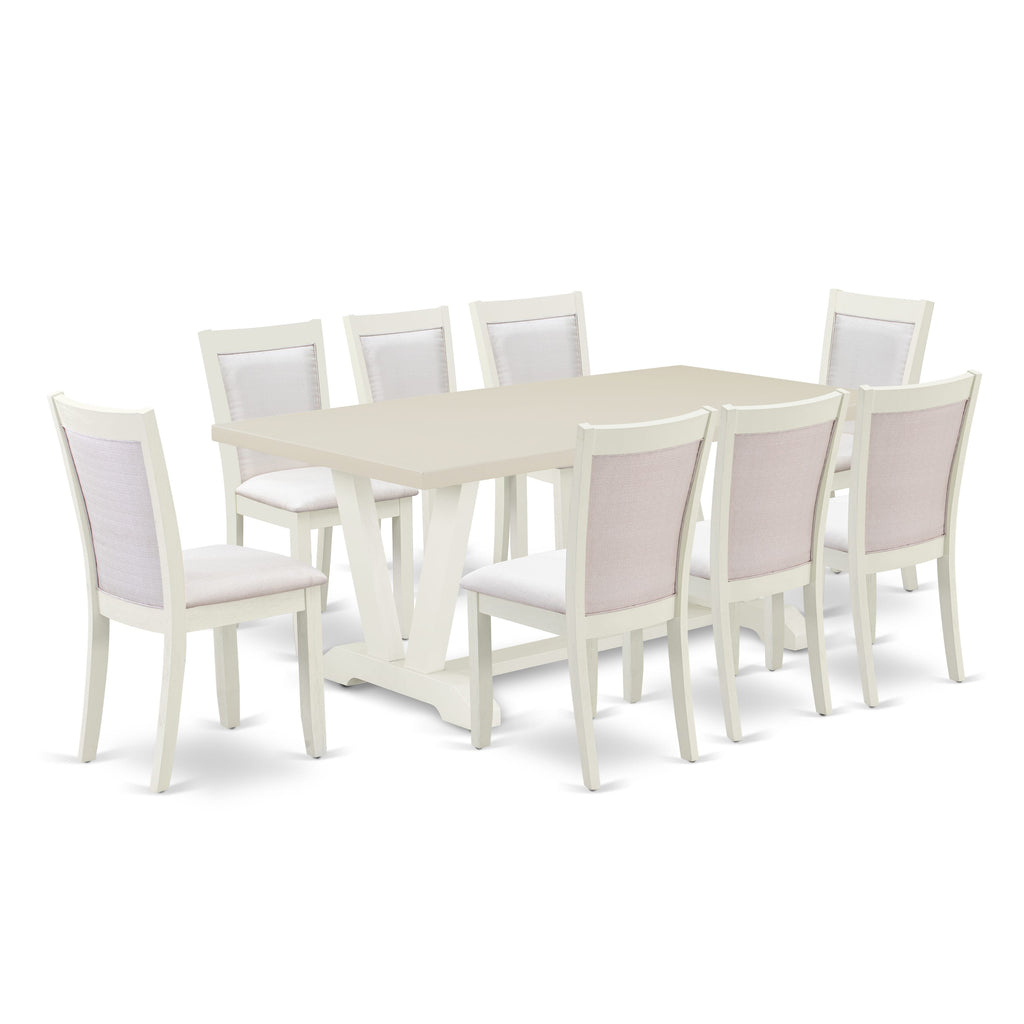 East West Furniture V027MZ001-9 9 Piece Modern Dining Table Set Includes a Rectangle Wooden Table with V-Legs and 8 Cream Linen Fabric Parsons Dining Chairs, 40x72 Inch, Multi-Color