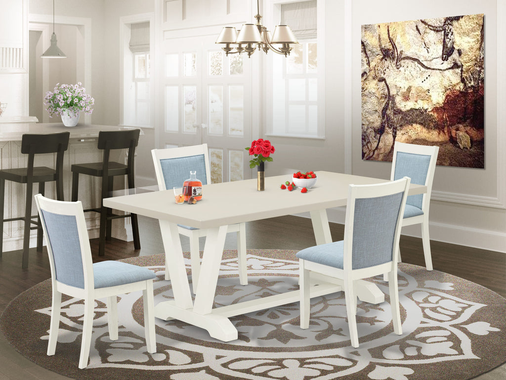 East West Furniture V027MZ015-5 5 Piece Kitchen Table & Chairs Set Includes a Rectangle Dining Table with V-Legs and 4 Baby Blue Linen Fabric Parson Chairs, 40x72 Inch, Multi-Color