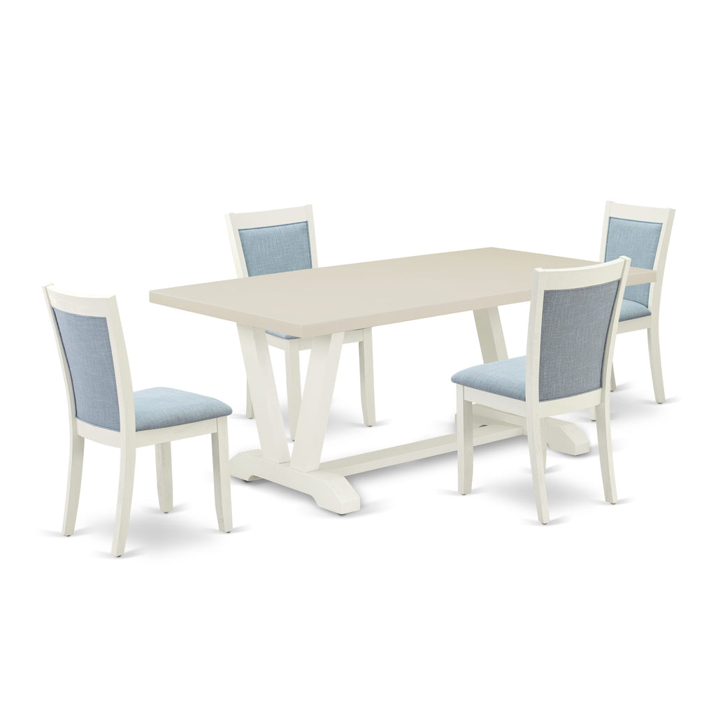 East West Furniture V027MZ015-5 5 Piece Kitchen Table & Chairs Set Includes a Rectangle Dining Table with V-Legs and 4 Baby Blue Linen Fabric Parson Chairs, 40x72 Inch, Multi-Color