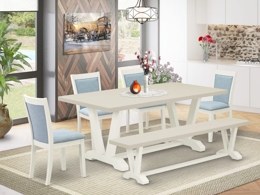 East West Furniture V027MZ015-6 6 Piece Dining Table Set Contains a Rectangle Dining Room Table and 4 Baby Blue Linen Fabric Parson Chairs with a Bench, 40x72 Inch, Multi-Color