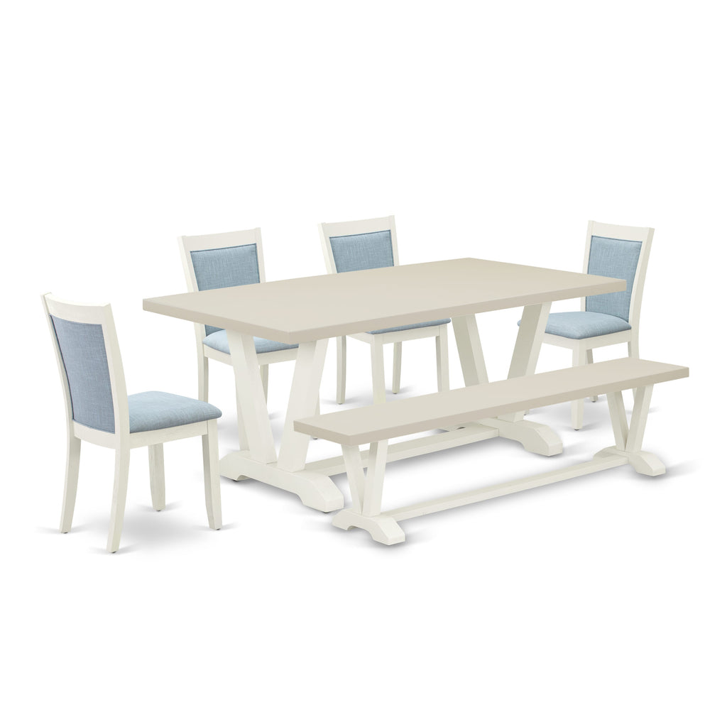 East West Furniture V027MZ015-6 6 Piece Dining Table Set Contains a Rectangle Dining Room Table and 4 Baby Blue Linen Fabric Parson Chairs with a Bench, 40x72 Inch, Multi-Color