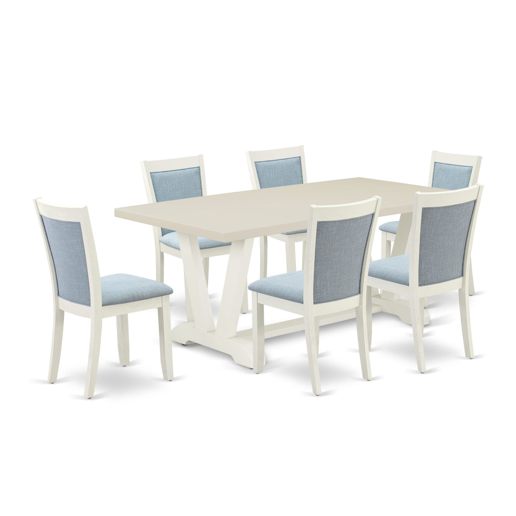 East West Furniture V027MZ015-7 7 Piece Dining Table Set Consist of a Rectangle Kitchen Table with V-Legs and 6 Baby Blue Linen Fabric Upholstered Chairs, 40x72 Inch, Multi-Color