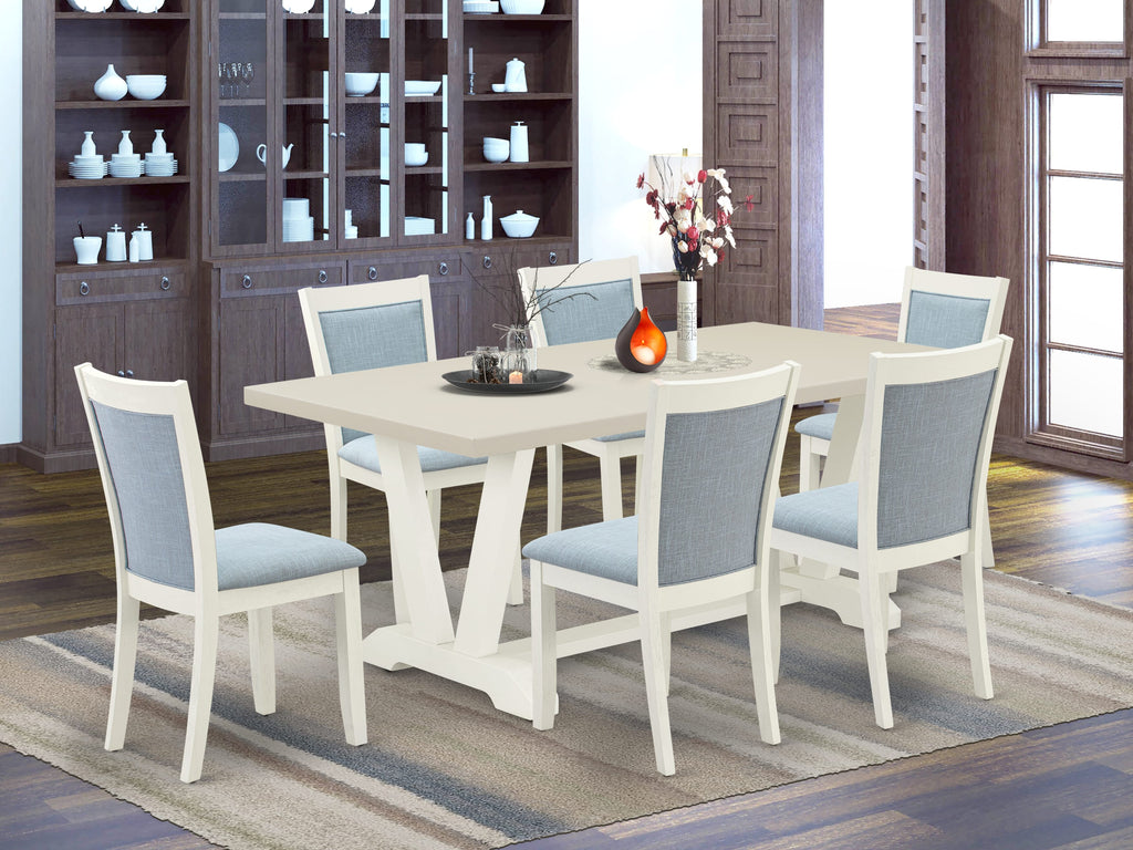 East West Furniture V027MZ015-7 7 Piece Dining Table Set Consist of a Rectangle Kitchen Table with V-Legs and 6 Baby Blue Linen Fabric Upholstered Chairs, 40x72 Inch, Multi-Color