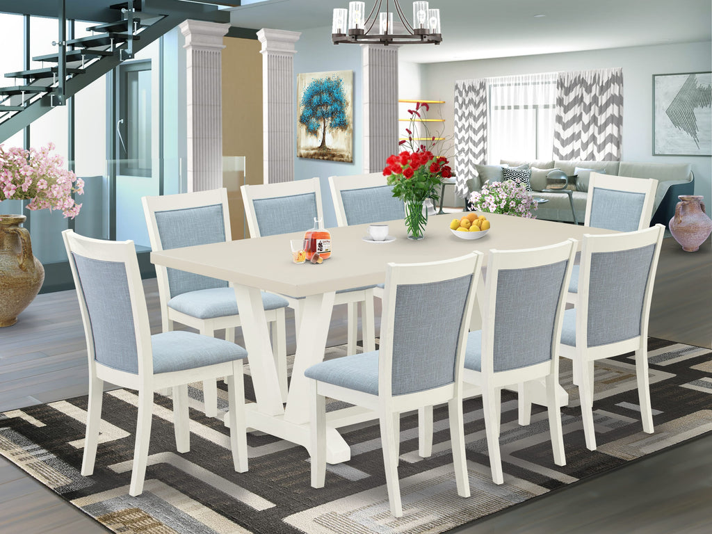 East West Furniture V027MZ015-9 9 Piece Kitchen Table & Chairs Set Includes a Rectangle Dining Room Table with V-Legs and 8 Baby Blue Linen Fabric Parsons Chairs, 40x72 Inch, Multi-Color