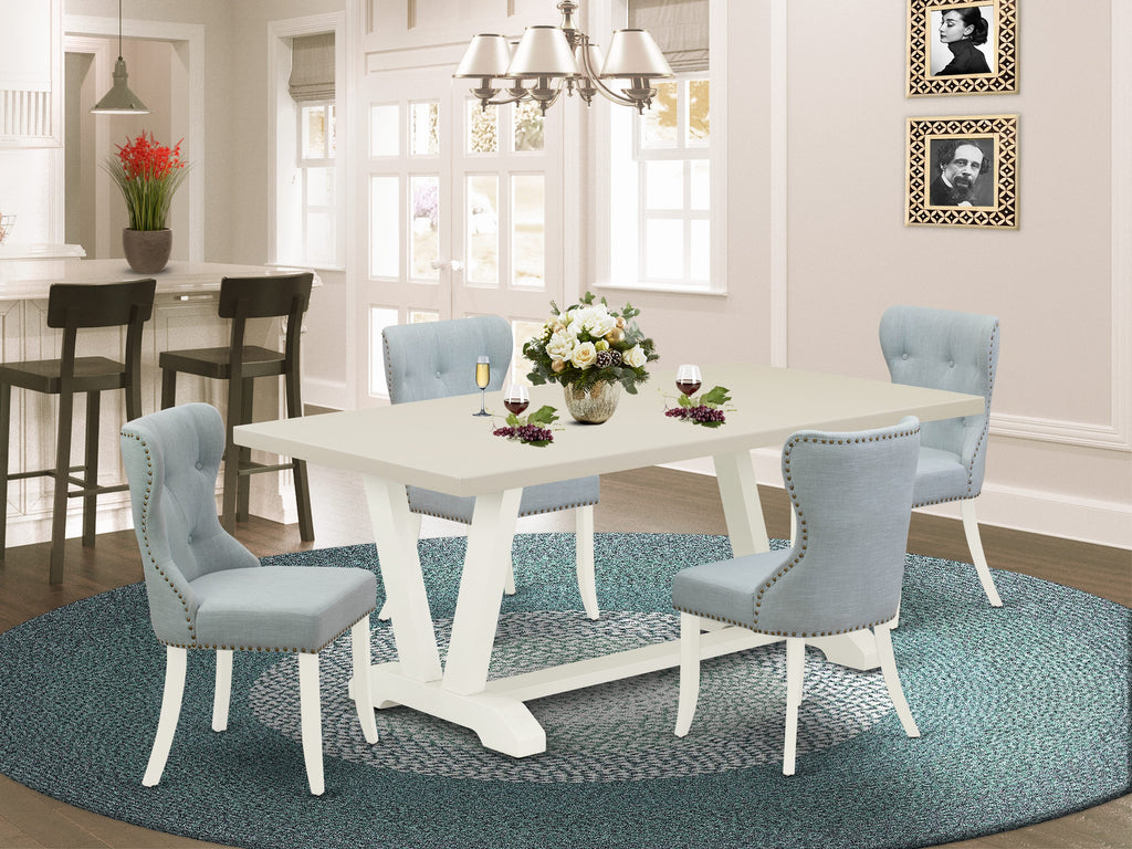 East West Furniture V027SI215-5 5 Piece Dining Table Set for 4 Includes a Rectangle Kitchen Table with V-Legs and 4 Baby Blue Linen Fabric Upholstered Chairs, 40x72 Inch, Multi-Color