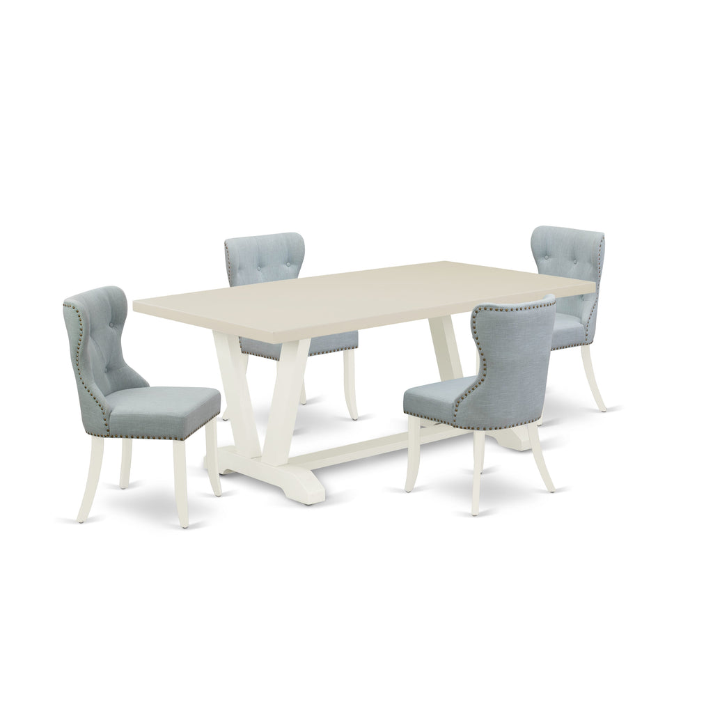 East West Furniture V027SI215-5 5 Piece Dining Table Set for 4 Includes a Rectangle Kitchen Table with V-Legs and 4 Baby Blue Linen Fabric Upholstered Chairs, 40x72 Inch, Multi-Color