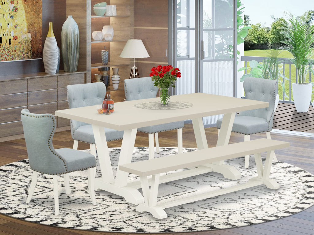 East West Furniture V027SI215-6 6 Piece Dining Set Contains a Rectangle Dining Room Table with V-Legs and 4 Baby Blue Linen Fabric Parson Chairs with a Bench, 40x72 Inch, Multi-Color