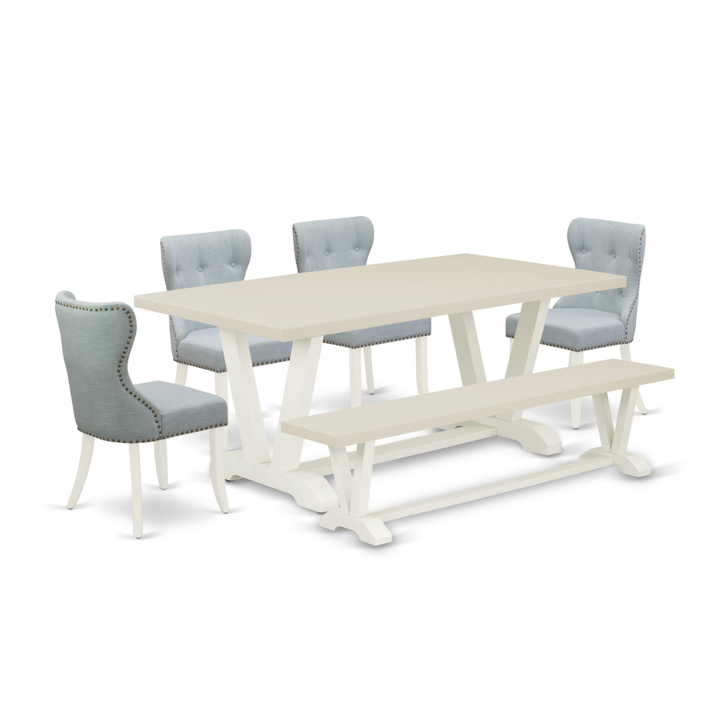 East West Furniture V027SI215-6 6 Piece Dining Set Contains a Rectangle Dining Room Table with V-Legs and 4 Baby Blue Linen Fabric Parson Chairs with a Bench, 40x72 Inch, Multi-Color