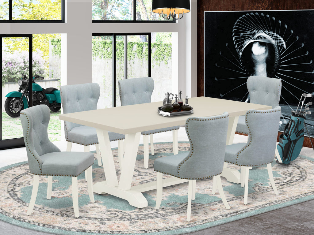East West Furniture V027SI215-7 7 Piece Dining Room Table Set Consist of a Rectangle Kitchen Table with V-Legs and 6 Baby Blue Linen Fabric Parson Dining Chairs, 40x72 Inch, Multi-Color