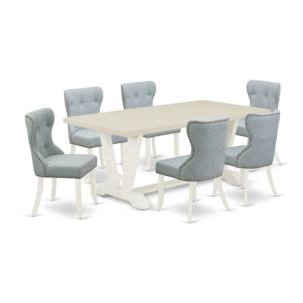 East West Furniture V027SI215-7 7 Piece Dining Room Table Set Consist of a Rectangle Kitchen Table with V-Legs and 6 Baby Blue Linen Fabric Parson Dining Chairs, 40x72 Inch, Multi-Color