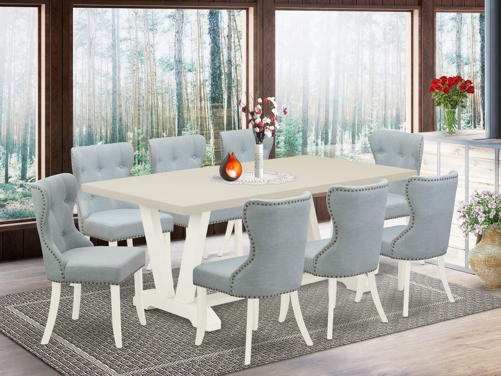 East West Furniture V027SI215-9 9 Piece Kitchen Table Set Includes a Rectangle Dining Table with V-Legs and 8 Baby Blue Linen Fabric Parson Dining Room Chairs, 40x72 Inch, Multi-Color