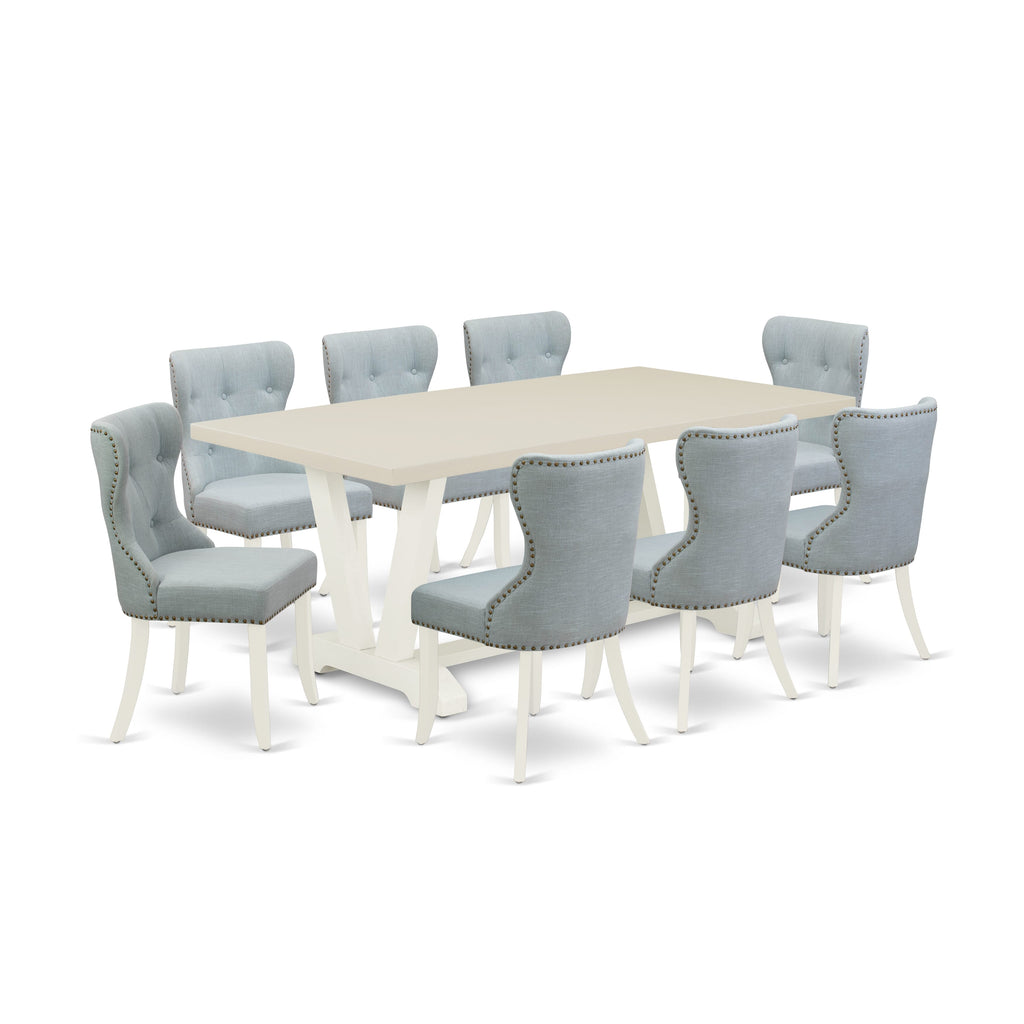 East West Furniture V027SI215-9 9 Piece Kitchen Table Set Includes a Rectangle Dining Table with V-Legs and 8 Baby Blue Linen Fabric Parson Dining Room Chairs, 40x72 Inch, Multi-Color