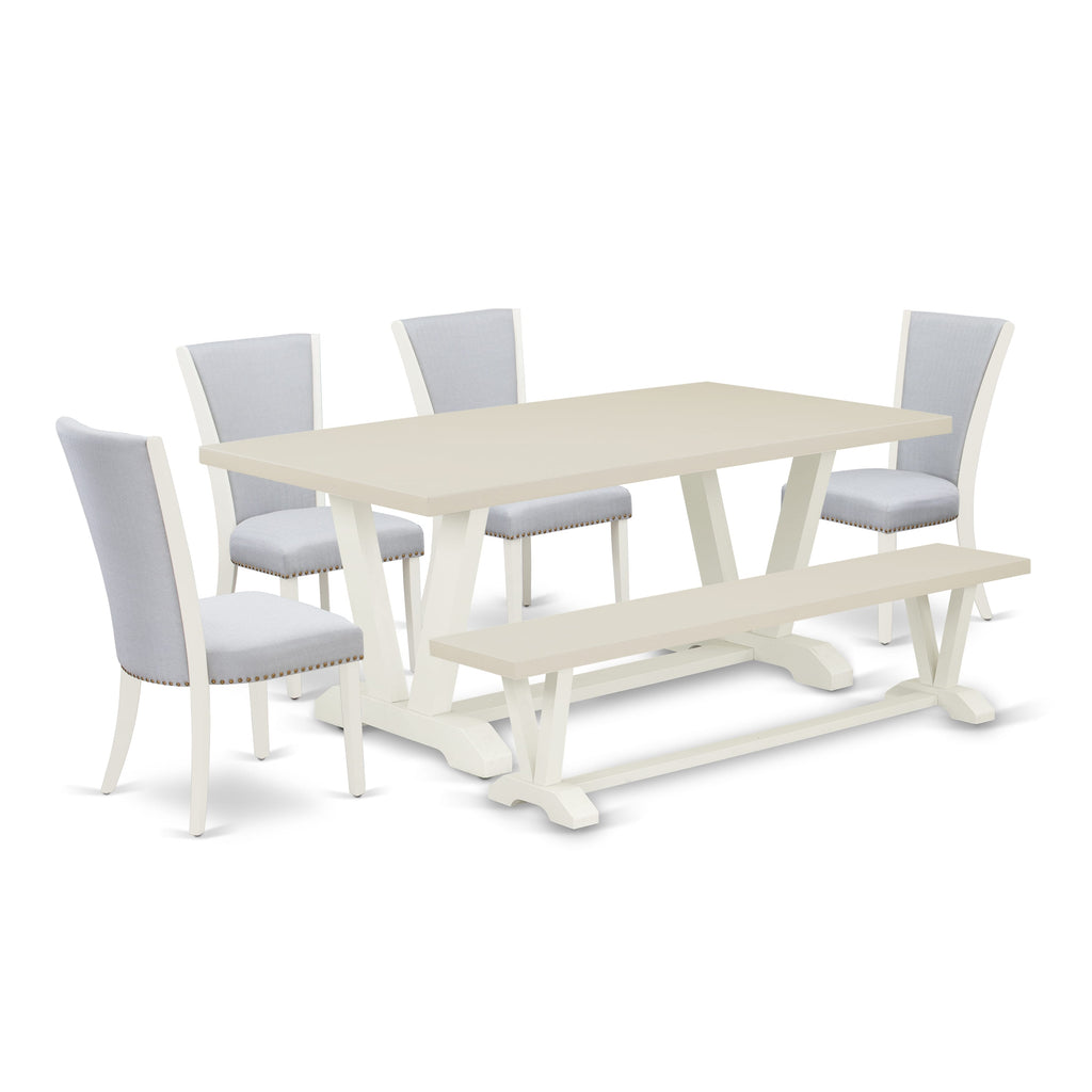 East West Furniture V027VE005-6 6 Piece Dining Table Set Contains a Rectangle Dining Room Table with V-Legs and 4 Grey Linen Fabric Parson Chairs with a Bench, 40x72 Inch, Multi-Color