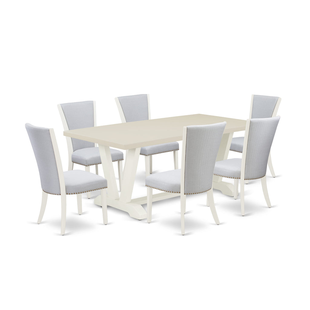 East West Furniture V027VE005-7 7 Piece Dining Set Consist of a Rectangle Dining Room Table with V-Legs and 6 Grey Linen Fabric Upholstered Parson Chairs, 40x72 Inch, Multi-Color