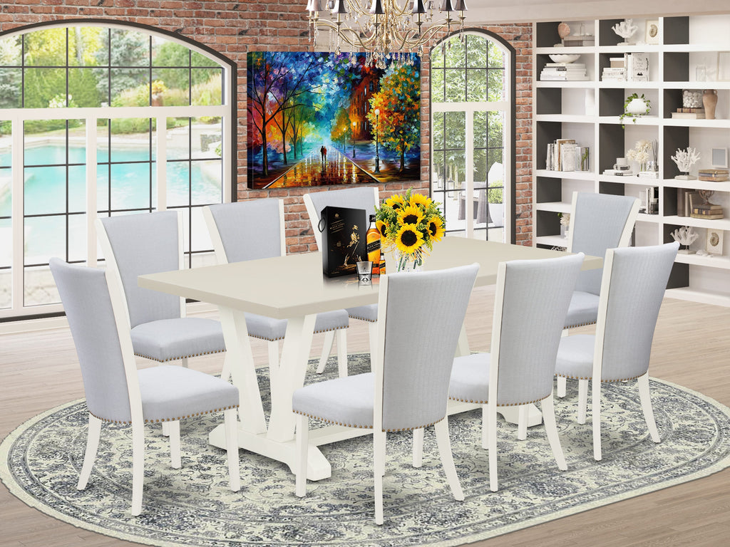 East West Furniture V027VE005-9 9 Piece Kitchen Table Set Includes a Rectangle Dining Table with V-Legs and 8 Grey Linen Fabric Parsons Dining Chairs, 40x72 Inch, Multi-Color