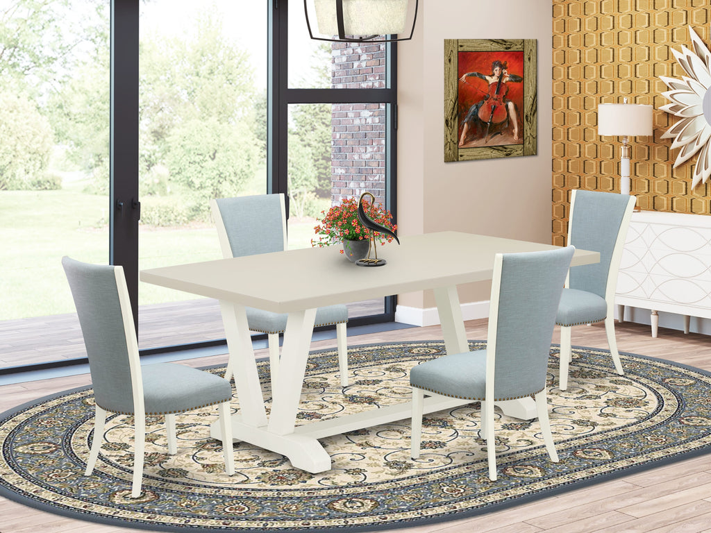 East West Furniture V027VE215-5 5 Piece Dining Table Set for 4 Includes a Rectangle Kitchen Table with V-Legs and 4 Baby Blue Linen Fabric Parson Dining Chairs, 40x72 Inch, Multi-Color