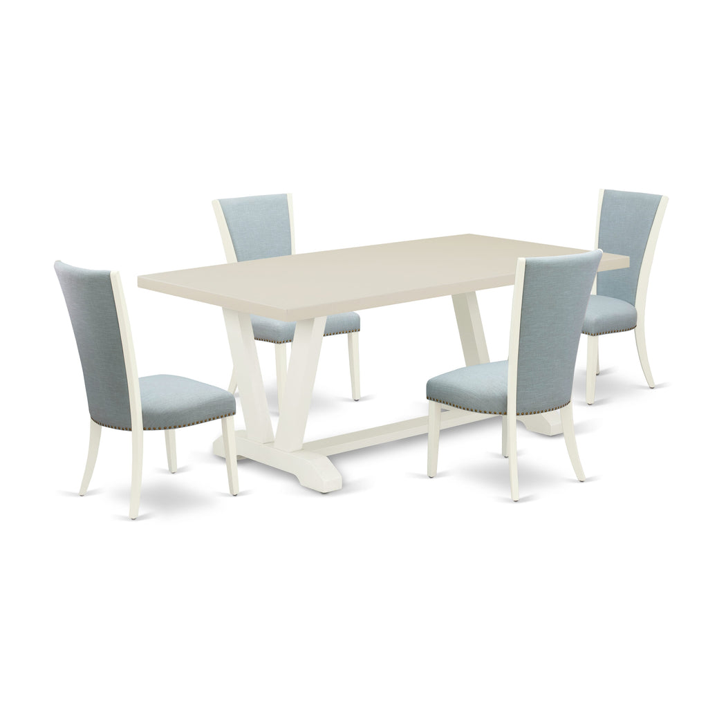 East West Furniture V027VE215-5 5 Piece Dining Table Set for 4 Includes a Rectangle Kitchen Table with V-Legs and 4 Baby Blue Linen Fabric Parson Dining Chairs, 40x72 Inch, Multi-Color