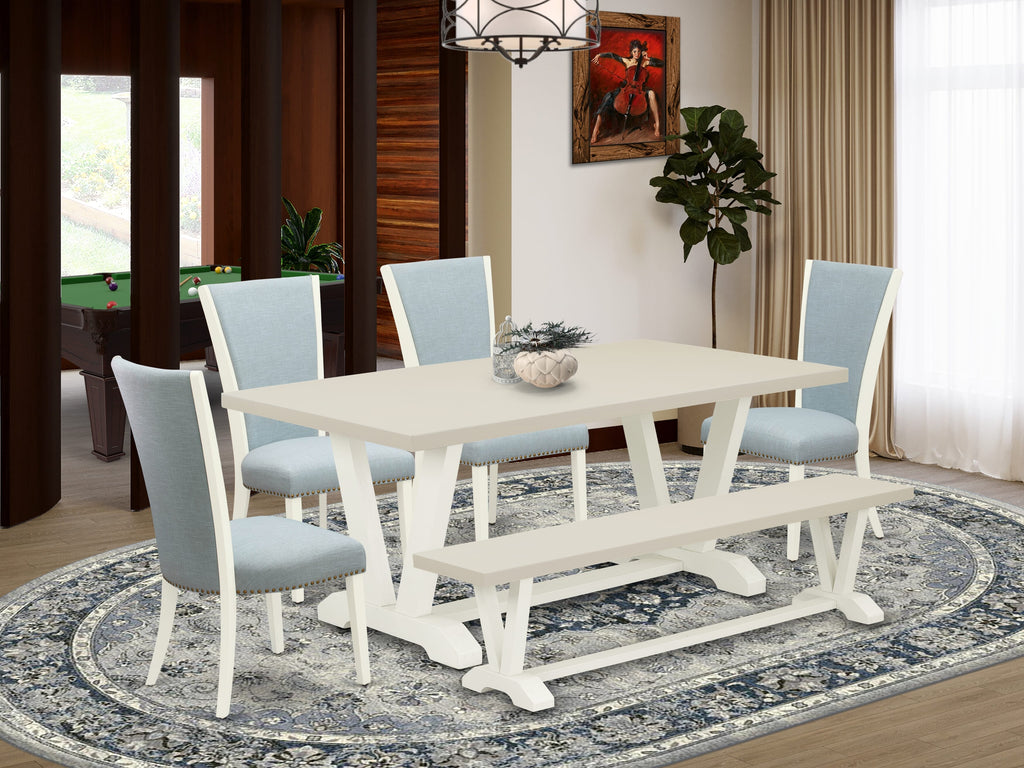 East West Furniture V027VE215-6 6 Piece Dining Set Contains a Rectangle Dining Room Table with V-Legs and 4 Baby Blue Linen Fabric Upholstered Chairs with a Bench, 40x72 Inch, Multi-Color