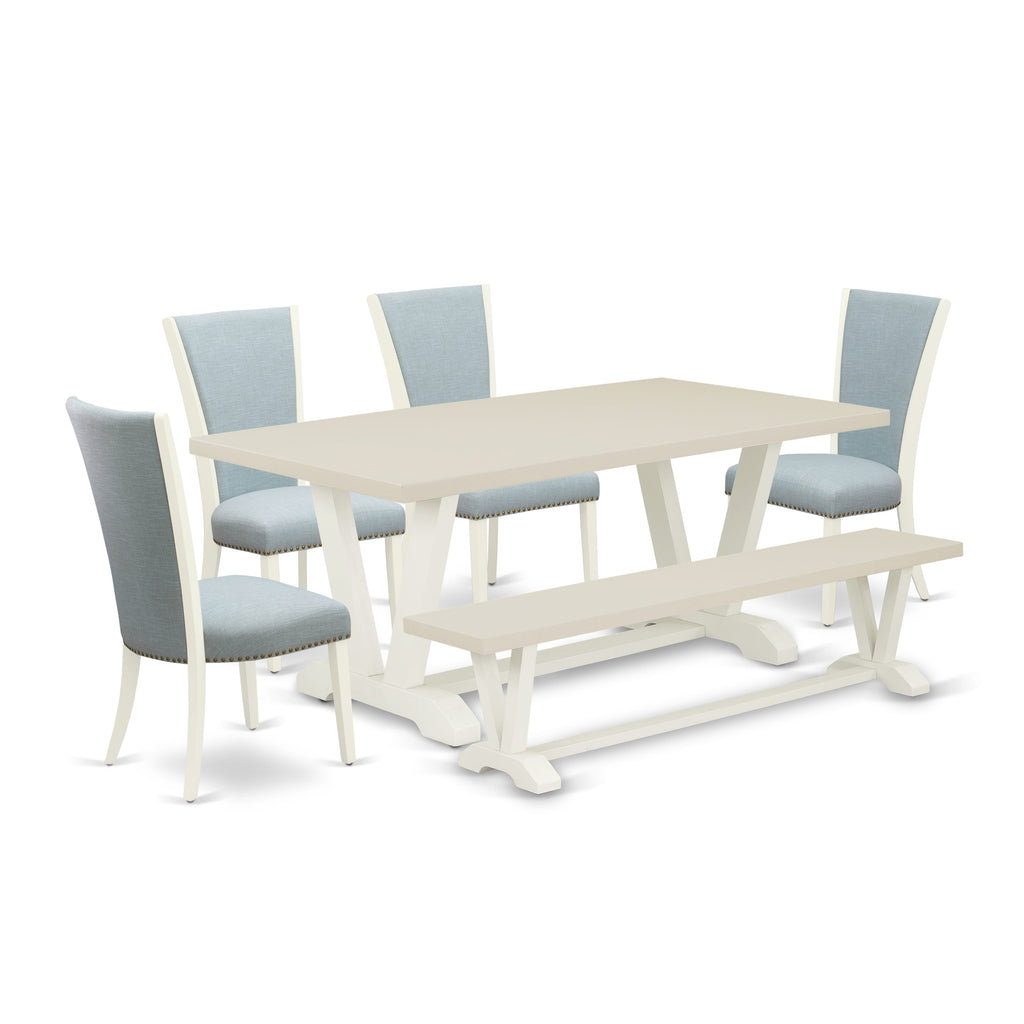 East West Furniture V027VE215-6 6 Piece Dining Set Contains a Rectangle Dining Room Table with V-Legs and 4 Baby Blue Linen Fabric Upholstered Chairs with a Bench, 40x72 Inch, Multi-Color