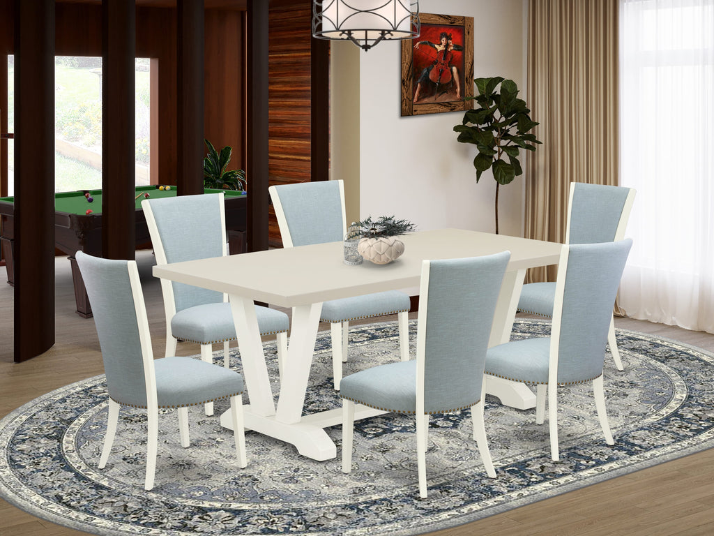 East West Furniture V027VE215-7 7 Piece Dining Table Set Consist of a Rectangle Dining Room Table with V-Legs and 6 Baby Blue Linen Fabric Upholstered Chairs, 40x72 Inch, Multi-Color