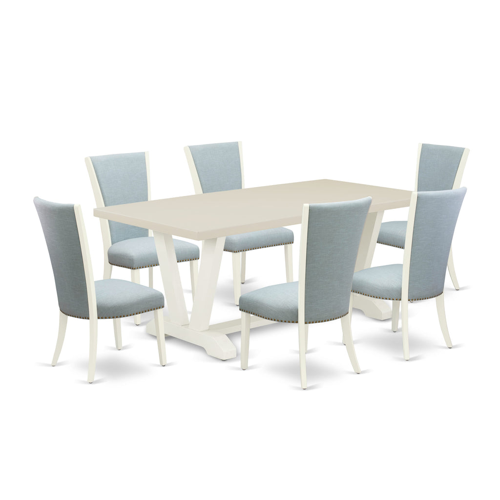 East West Furniture V027VE215-7 7 Piece Dining Table Set Consist of a Rectangle Dining Room Table with V-Legs and 6 Baby Blue Linen Fabric Upholstered Chairs, 40x72 Inch, Multi-Color