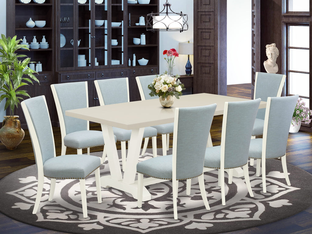 East West Furniture V027VE215-9 9 Piece Dining Room Set Includes a Rectangle Kitchen Table with V-Legs and 8 Baby Blue Linen Fabric Parsons Dining Chairs, 40x72 Inch, Multi-Color