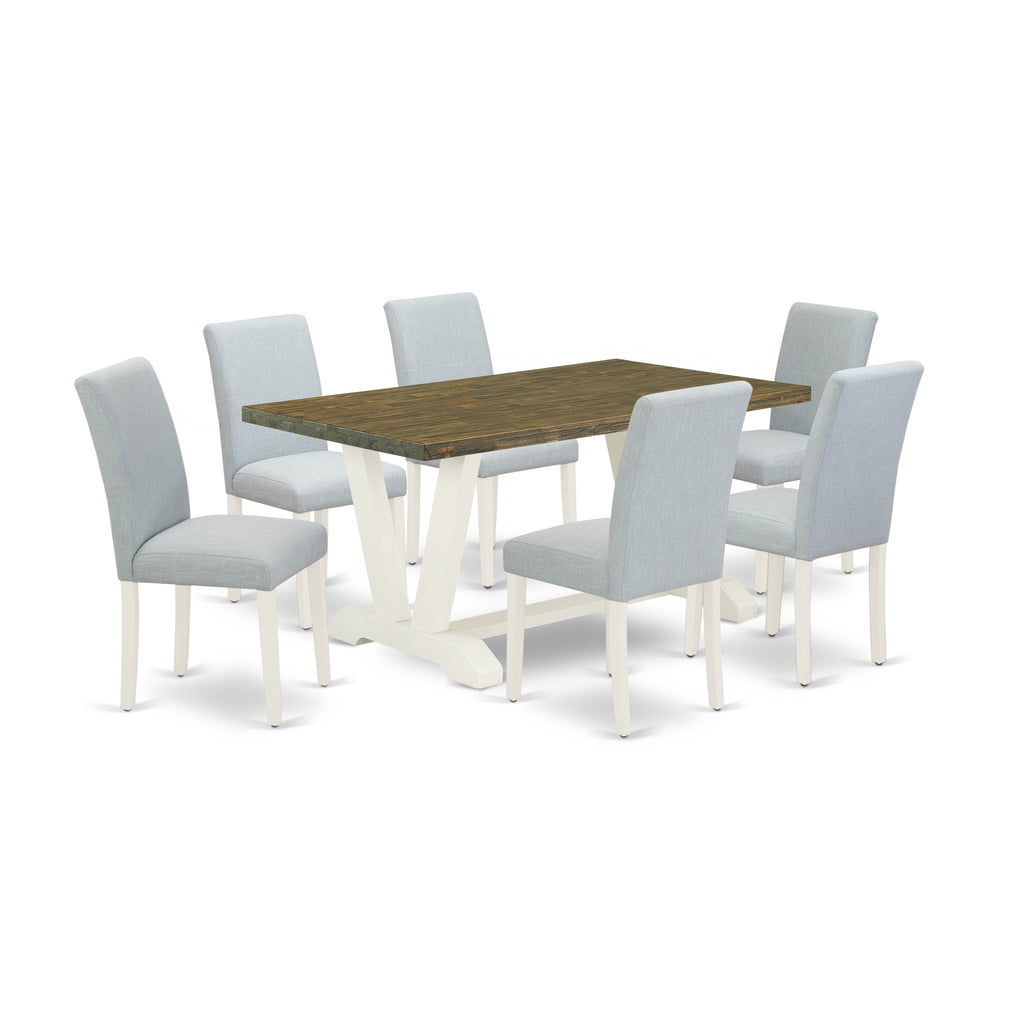 East West Furniture V076AB015-7 7 Piece Dining Table Set Consist of a Rectangle Dining Room Table with V-Legs and 6 Baby Blue Linen Fabric Parsons Chairs, 36x60 Inch, Multi-Color