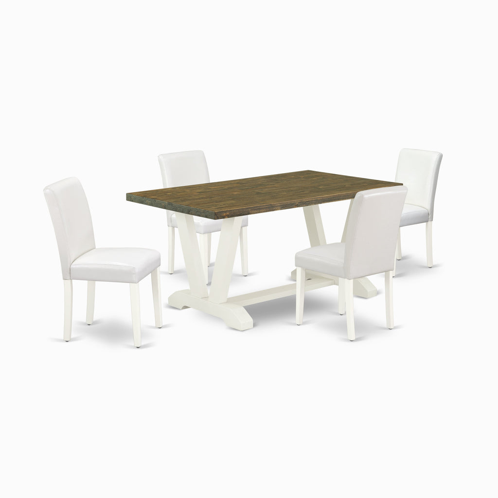 East West Furniture V076AB264-5 5 Piece Kitchen Table & Chairs Set Includes a Rectangle Dining Table with V-Legs and 4 White Faux Leather Parson Dining Chairs, 36x60 Inch, Multi-Color