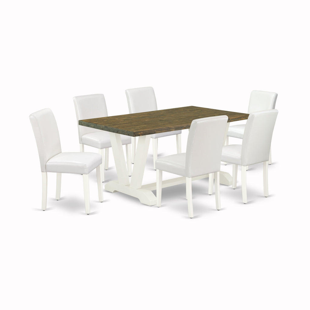 East West Furniture V076AB264-7 7 Piece Dining Room Furniture Set Consist of a Rectangle Dining Table with V-Legs and 6 White Faux Leather Upholstered Chairs, 36x60 Inch, Multi-Color