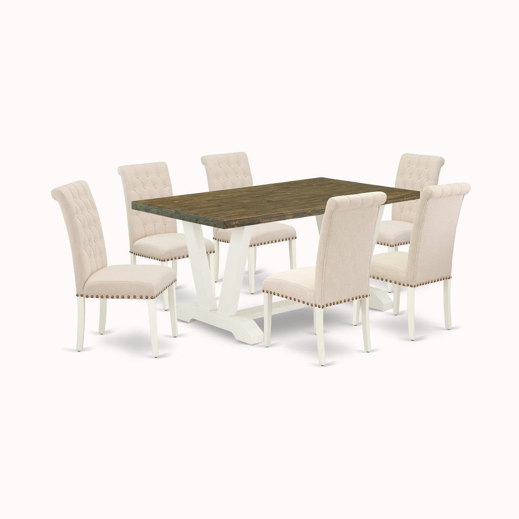 East West Furniture V076BR202-7 7 Piece Dining Table Set Consist of a Rectangle Dining Room Table with V-Legs and 6 Light Beige Linen Fabric Upholstered Chairs, 36x60 Inch, Multi-Color