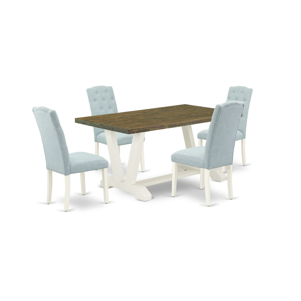 East West Furniture V076CE215-5 5 Piece Modern Dining Table Set Includes a Rectangle Wooden Table with V-Legs and 4 Baby Blue Linen Fabric Parson Dining Chairs, 36x60 Inch, Multi-Color