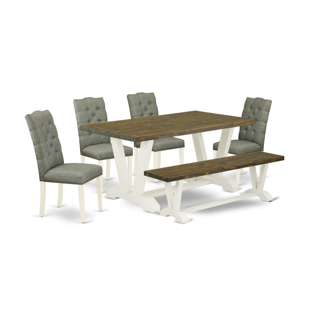 East West Furniture V076EL207-6 6 Piece Kitchen Table & Chairs Set Contains a Rectangle Wooden Table and 4 Gray Linen Fabric Parson Chairs with a Bench, 36x60 Inch, Multi-Color