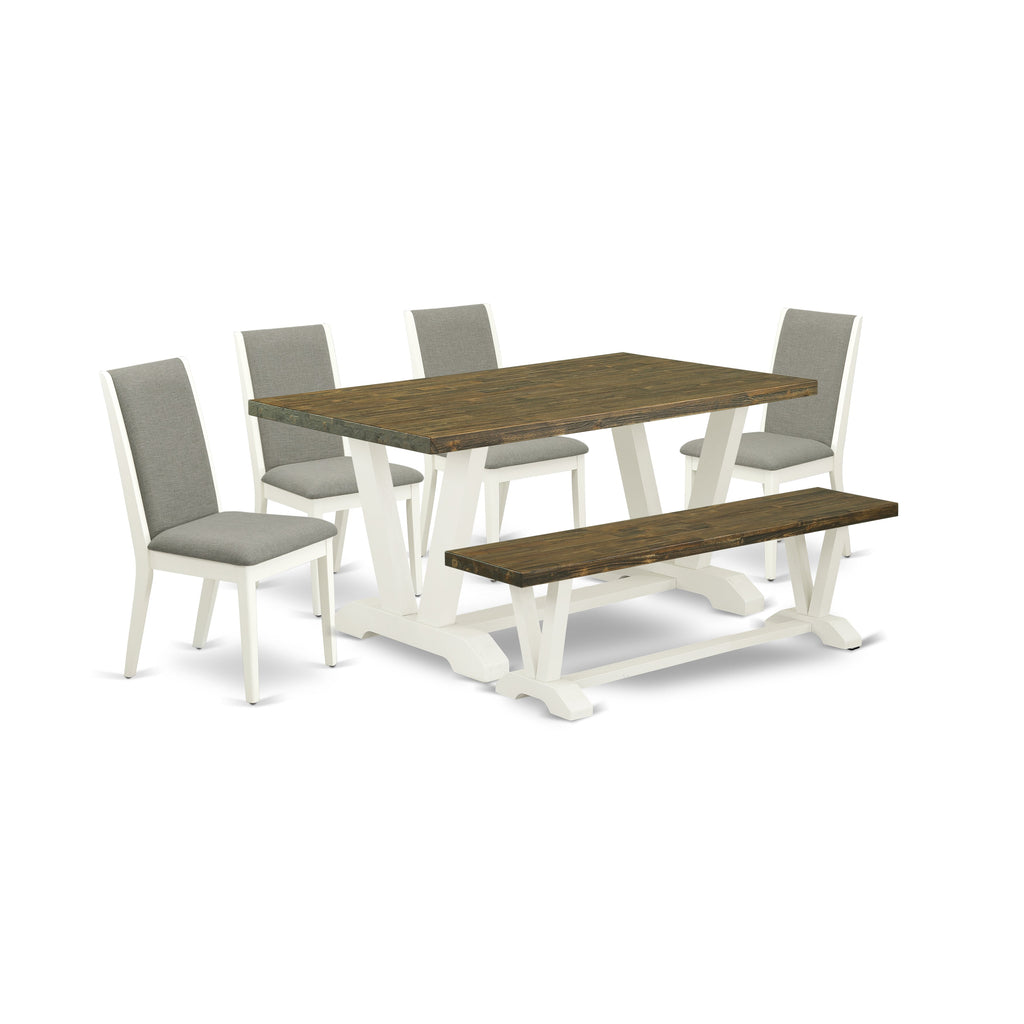 East West Furniture V076LA206-6 6 Piece Modern Dining Table Set Contains a Rectangle Wooden Table with V-Legs and 4 Shitake Linen Fabric Parson Chairs with a Bench, 36x60 Inch, Multi-Color