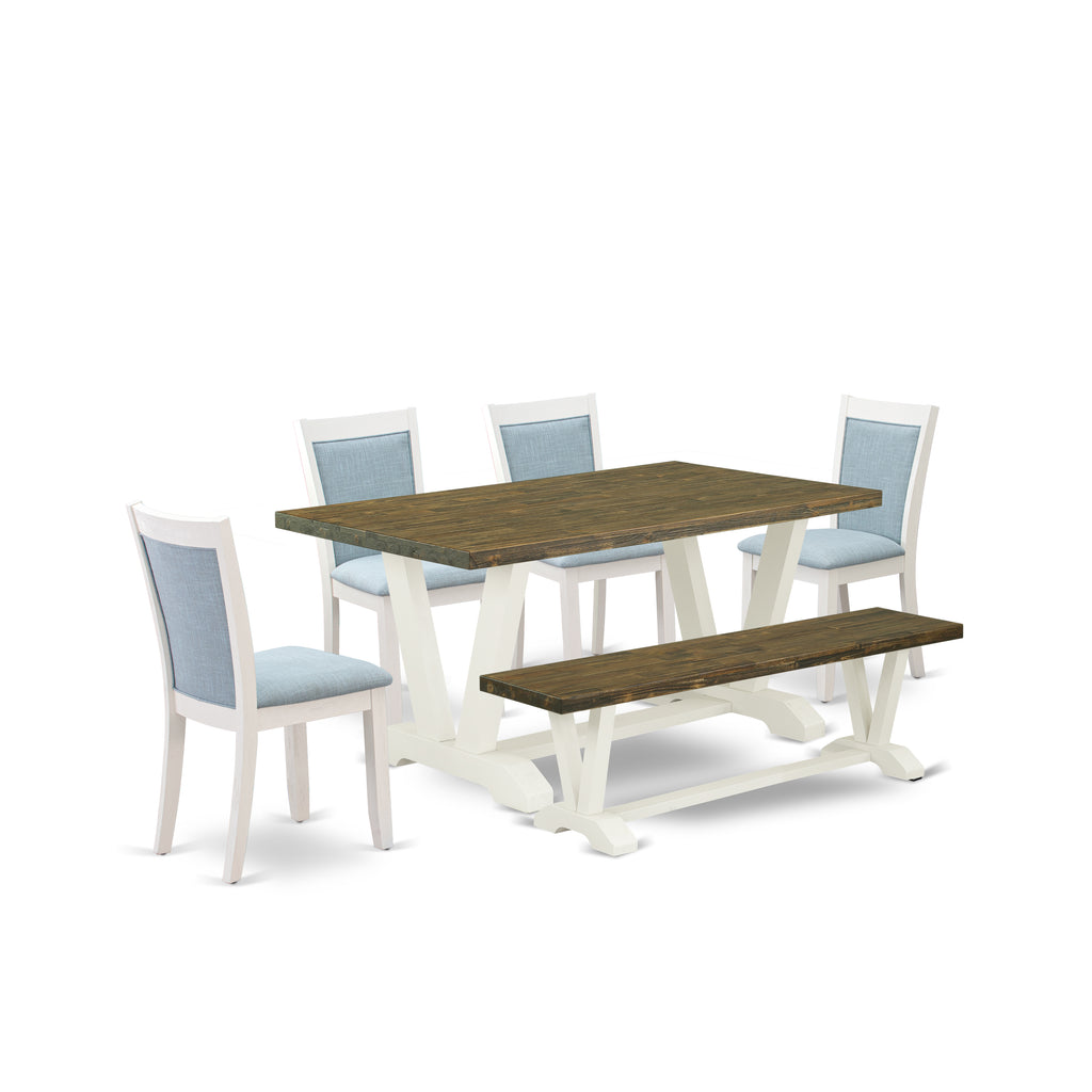 East West Furniture V076MZ015-6 6 Piece Dining Table Set Contains a Rectangle Dining Room Table and 4 Baby Blue Linen Fabric Parson Chairs with a Bench, 36x60 Inch, Multi-Color