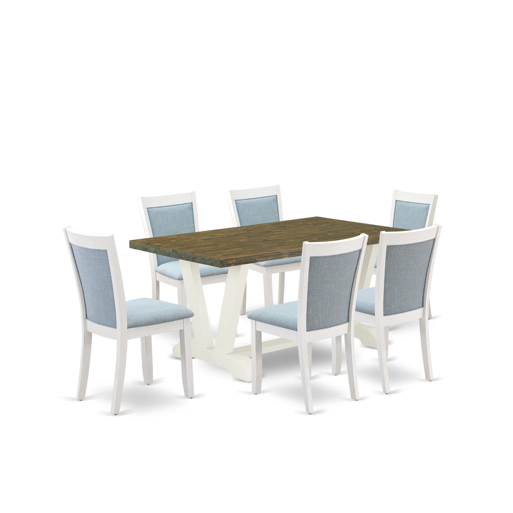 East West Furniture V076MZ015-7 7 Piece Modern Dining Table Set Consist of a Rectangle Wooden Table with V-Legs and 6 Baby Blue Linen Fabric Parson Dining Chairs, 36x60 Inch, Multi-Color