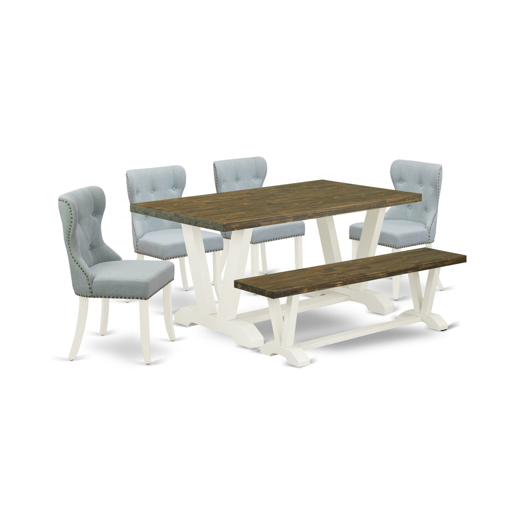 East West Furniture V076SI215-6 6 Piece Dining Table Set Contains a Rectangle Kitchen Table with V-Legs and 4 Baby Blue Linen Fabric Upholstered Chairs with a Bench, 36x60 Inch, Multi-Color