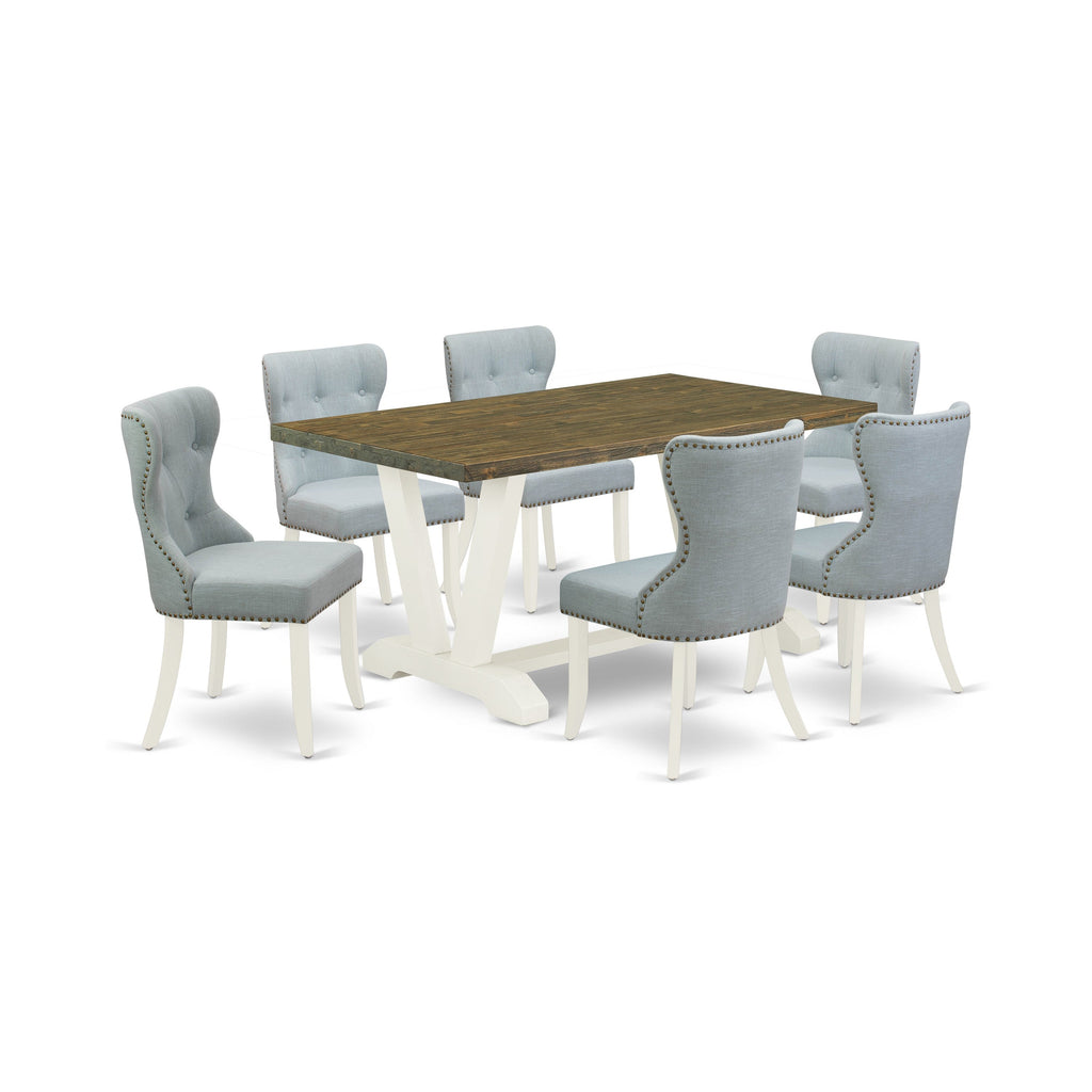 East West Furniture V076SI215-7 7 Piece Dining Set Consist of a Rectangle Dining Room Table with V-Legs and 6 Baby Blue Linen Fabric Upholstered Chairs, 36x60 Inch, Multi-Color