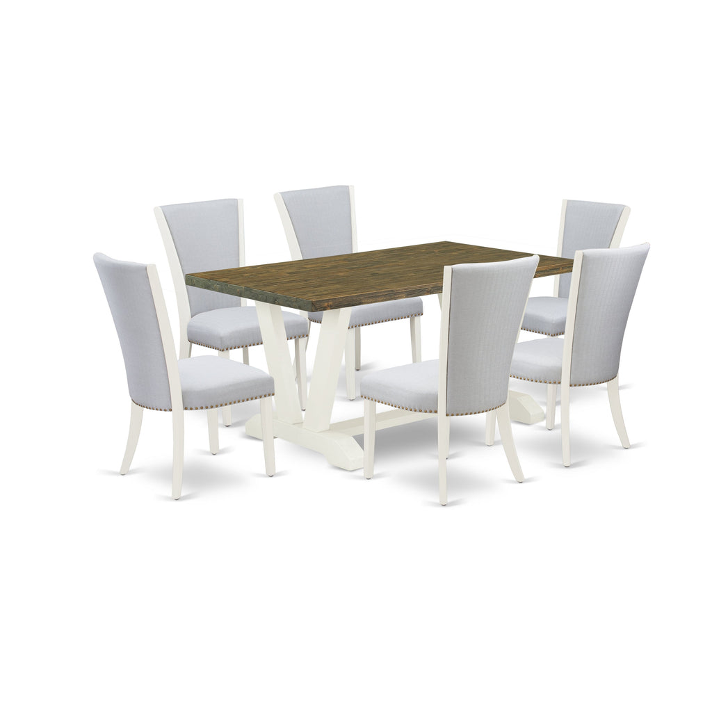 East West Furniture V076VE005-7 7 Piece Dining Table Set Consist of a Rectangle Dining Room Table with V-Legs and 6 Grey Linen Fabric Upholstered Parson Chairs, 36x60 Inch, Multi-Color