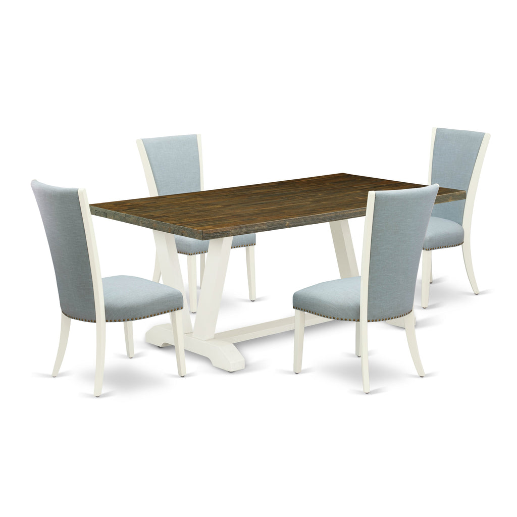 East West Furniture V076VE215-5 5 Piece Dining Room Furniture Set Includes a Rectangle Dining Table with V-Legs and 4 Baby Blue Linen Fabric Parsons Chairs, 36x60 Inch, Multi-Color