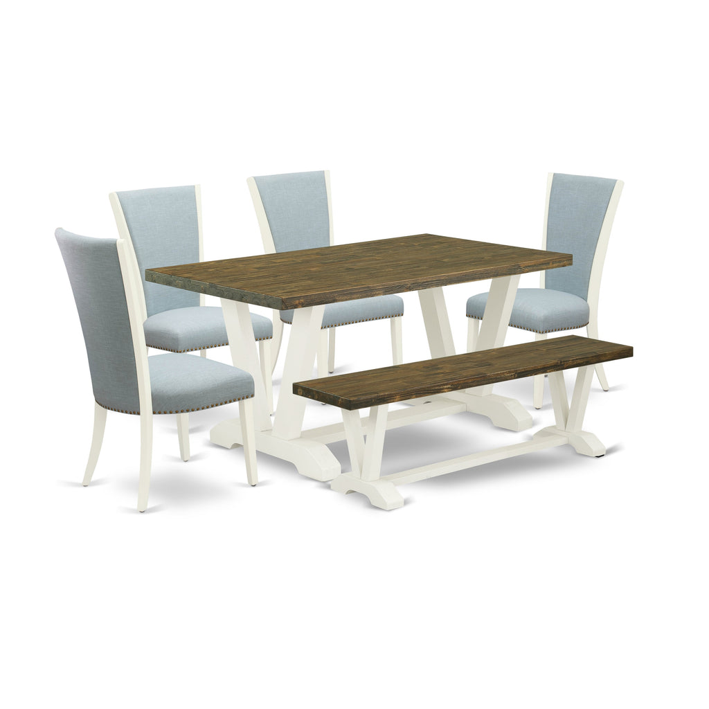 East West Furniture V076VE215-6 6 Piece Dining Set Contains a Rectangle Dining Room Table with V-Legs and 4 Baby Blue Linen Fabric Upholstered Chairs with a Bench, 36x60 Inch, Multi-Color