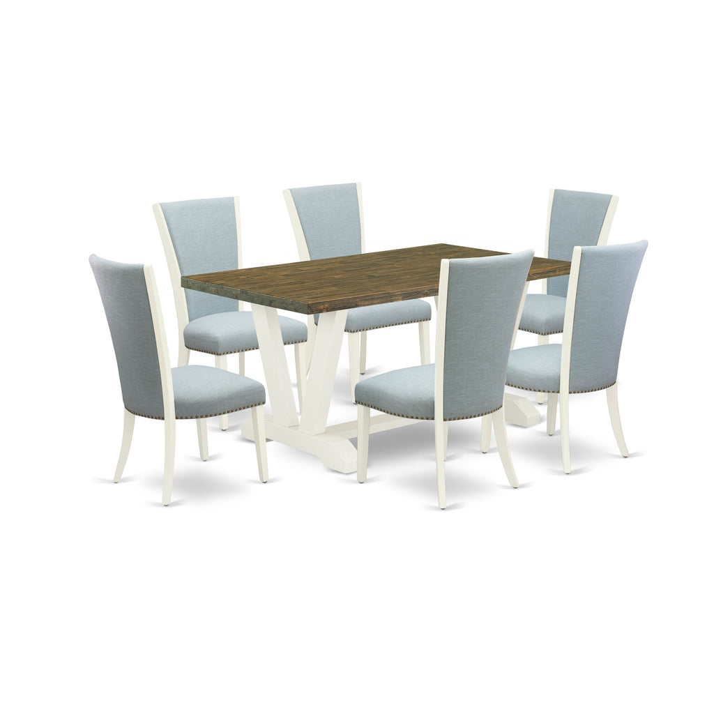 East West Furniture V076VE215-7 7 Piece Dining Table Set Consist of a Rectangle Dining Room Table with V-Legs and 6 Baby Blue Linen Fabric Upholstered Chairs, 36x60 Inch, Multi-Color