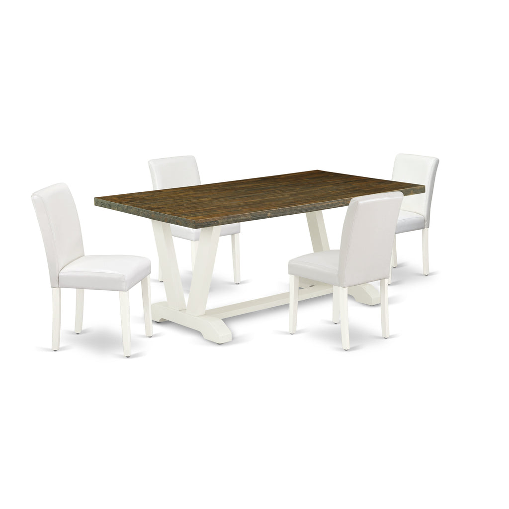 East West Furniture V077AB264-5 5 Piece Dinette Set for 4 Includes a Rectangle Dining Table with V-Legs and 4 White Faux Leather Parson Dining Room Chairs, 40x72 Inch, Multi-Color
