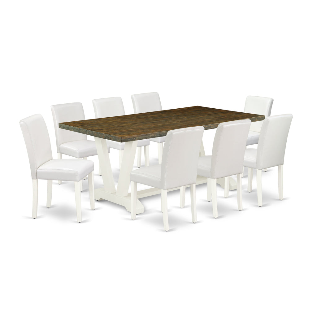 East West Furniture V077AB264-9 9 Piece Modern Dining Table Set Includes a Rectangle Wooden Table with V-Legs and 8 White Faux Leather Parson Dining Room Chairs, 40x72 Inch, Multi-Color