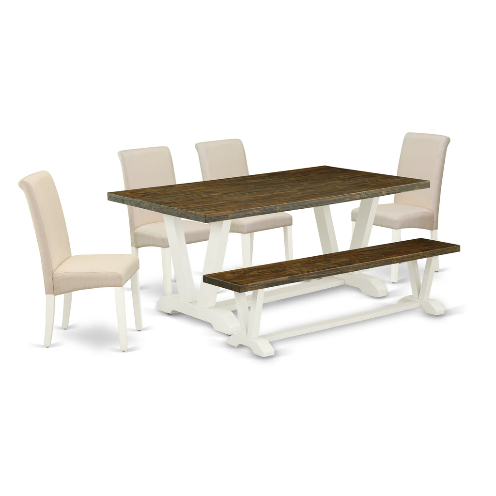 East West Furniture V077BA201-6 6 Piece Dining Room Table Set Contains a Rectangle Kitchen Table with V-Legs and 4 Cream Linen Fabric Parson Chairs with a Bench, 40x72 Inch, Multi-Color