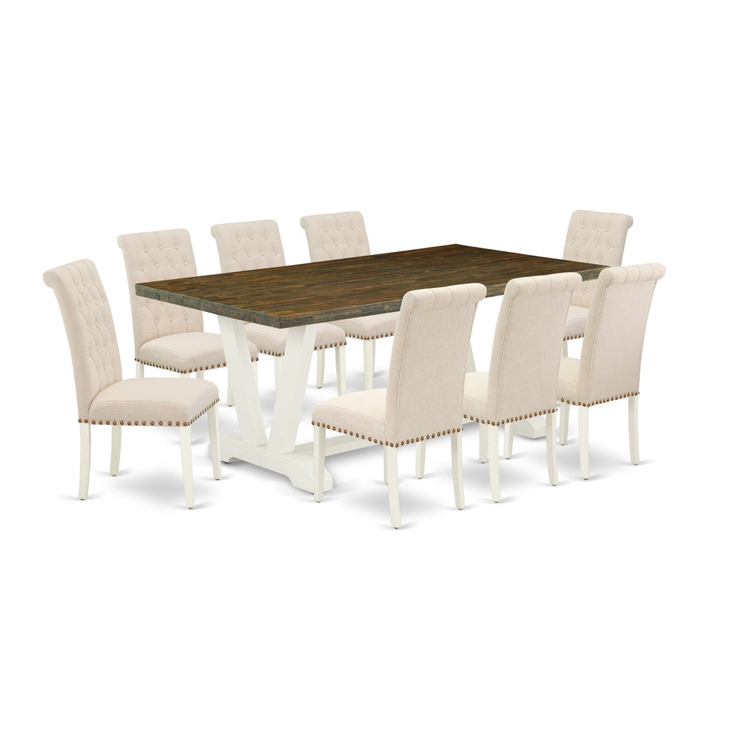 East West Furniture V077BR202-9 9 Piece Dining Table Set Includes a Rectangle Dining Room Table with V-Legs and 8 Light Beige Linen Fabric Parsons Chairs, 40x72 Inch, Multi-Color