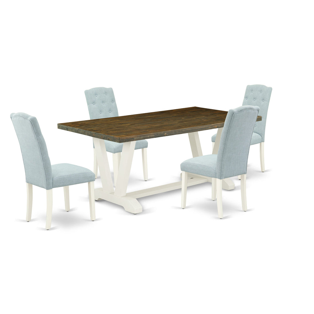 East West Furniture V077CE215-5 5 Piece Modern Dining Table Set Includes a Rectangle Wooden Table with V-Legs and 4 Baby Blue Linen Fabric Upholstered Chairs, 40x72 Inch, Multi-Color