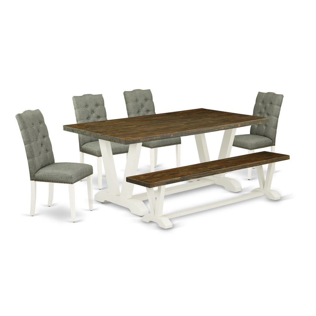 East West Furniture V077EL207-6 6 Piece Dining Set Contains a Rectangle Dining Room Table with V-Legs and 4 Gray Linen Fabric Parson Chairs with a Bench, 40x72 Inch, Multi-Color