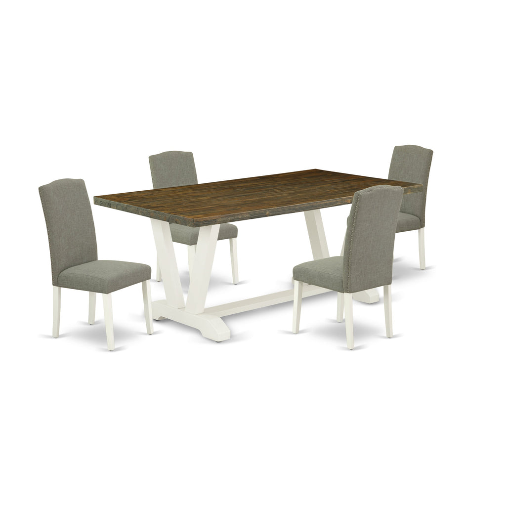 East West Furniture V077EN206-5 5 Piece Modern Dining Table Set Includes a Rectangle Wooden Table with V-Legs and 4 Dark Shitake Linen Fabric Parsons Dining Chairs, 40x72 Inch, Multi-Color