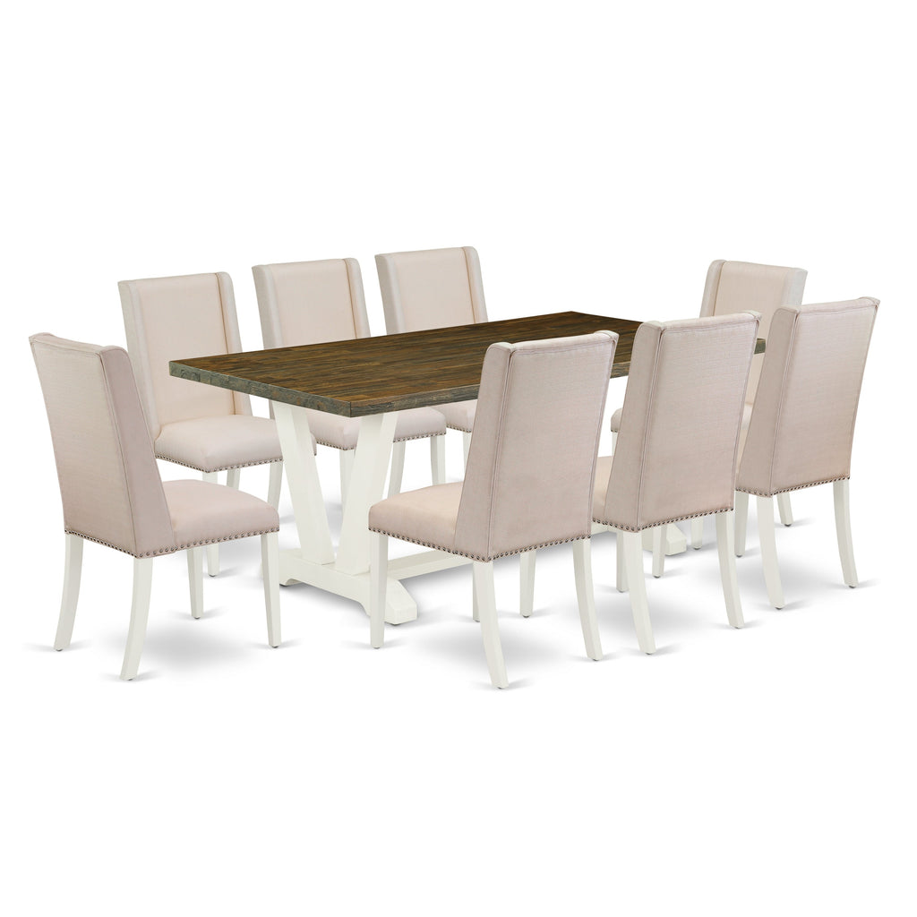 East West Furniture V077FL201-9 9 Piece Dining Set Includes a Rectangle Dining Room Table with V-Legs and 8 Cream Linen Fabric Upholstered Parson Chairs, 40x72 Inch, Multi-Color