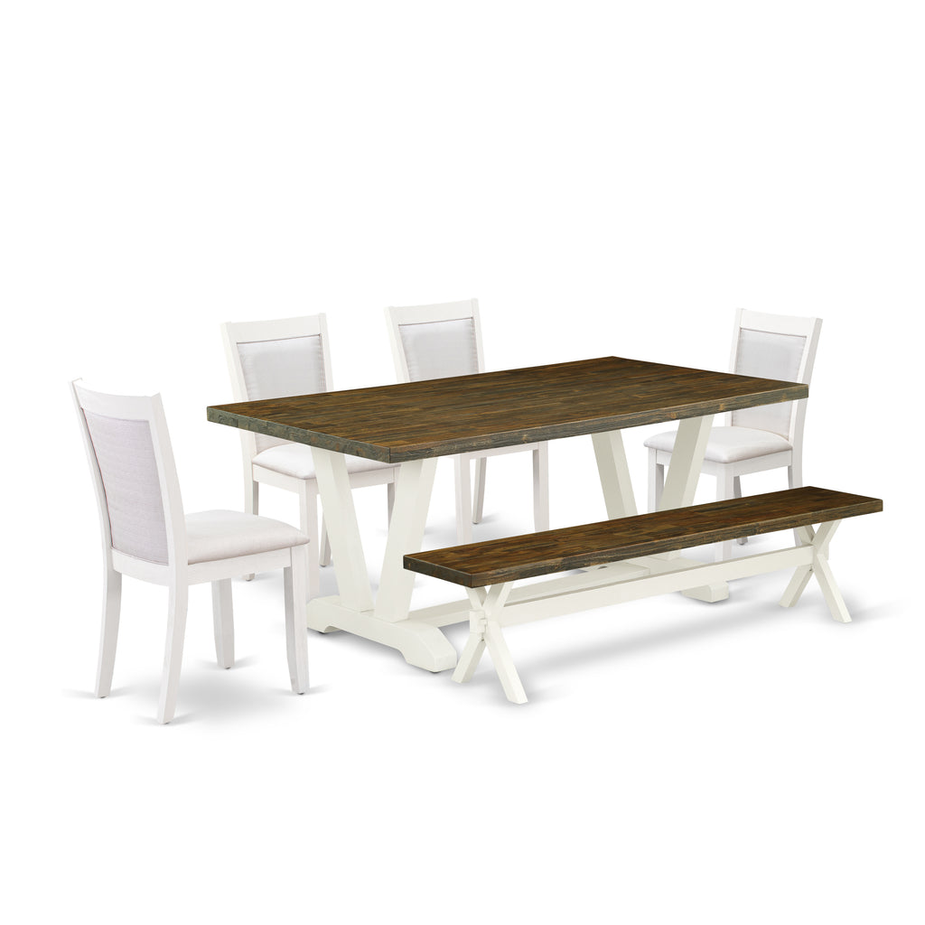 East West Furniture V077MZ001-6 6 Piece Dinette Set Contains a Rectangle Dining Room Table with V-Legs and 4 Cream Linen Fabric Parson Chairs with a Bench, 40x72 Inch, Multi-Color